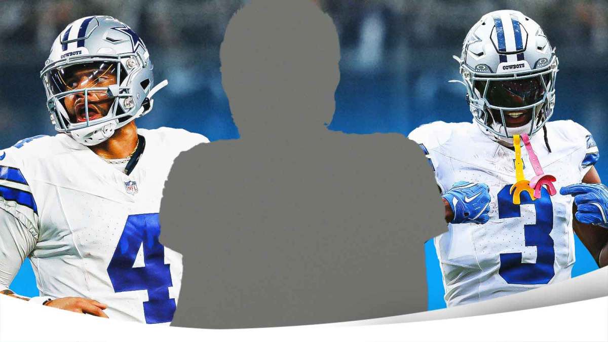 Mystery player in the middle, Dak Prescott, George Pickens around him, Dallas Cowboys wallpaper in the background