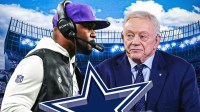 Cowboys owner Jerry Jones and Vikings DC Brian Flores. Dallas Cowboys logo in background