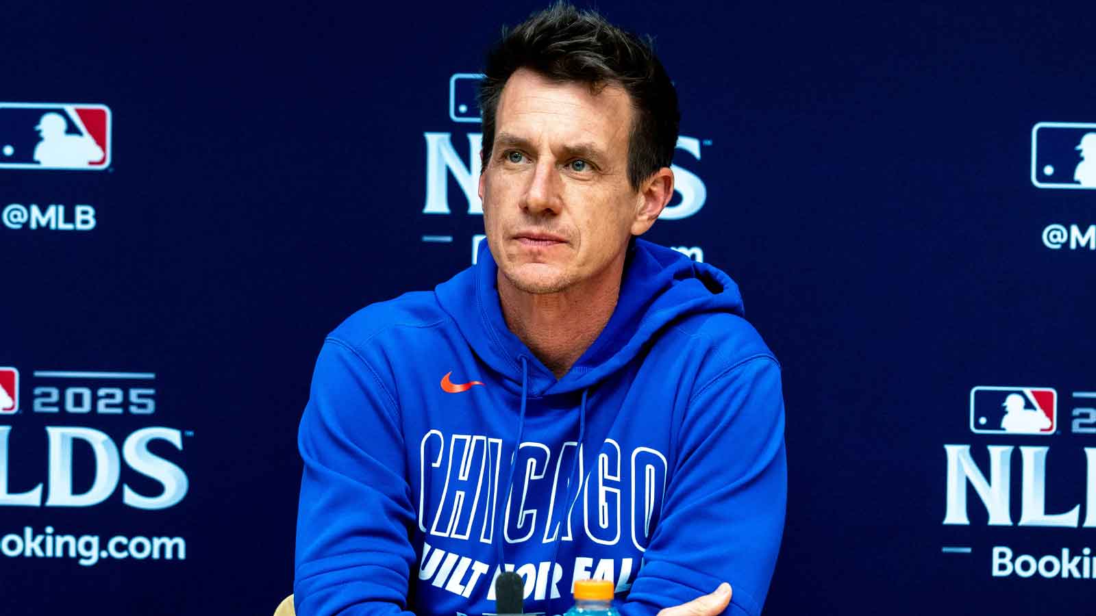 Chicago Cubs manager Craig Counsell is seen during an interview before the Milwaukee Brewers open workout ahead of the National League Division Series on Friday October 3, 2025 at American Family Field in Milwaukee, Wisconsin.