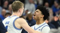 Creighton Bluejays guard Austin Swartz (1) celebrates with Creighton Bluejays guard Josh Dix (4) after making the game winning basket during the second half against the Xavier Musketeers at CHI Health Center Omaha.