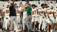 Miami Hurricanes head coach Mario Cristobal reacts during the Cotton Bowl at AT&T Stadium in Arlington, Texas for the College Football Playoff quarterfinal game against the Ohio State Buckeyes on Dec. 31, 2025.