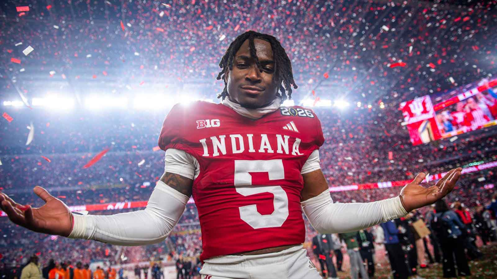 Indiana's D'Angelo Ponds (5) celebrates after the College Football Playoff National Championship college football game at Hard Rock Stadium in Miami Gardens on Monday, Jan. 19, 2026.