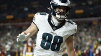 Philadelphia Eagles tight end Dallas Goedert (88) celebrates after scoring a touchdown against the Washington Commanders in the second half at Northwest Stadium
