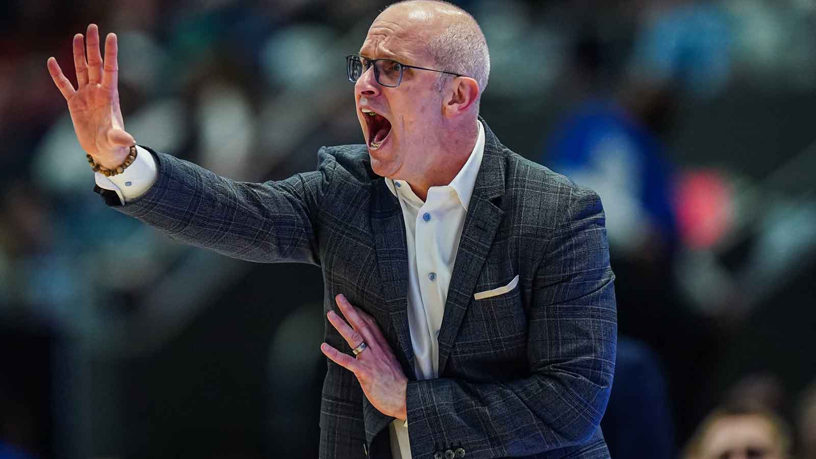 UConn Huskies head coach Dan Hurley watches from the sideline as they take on the DePaul Blue Demons at PeoplesBank Arena. 