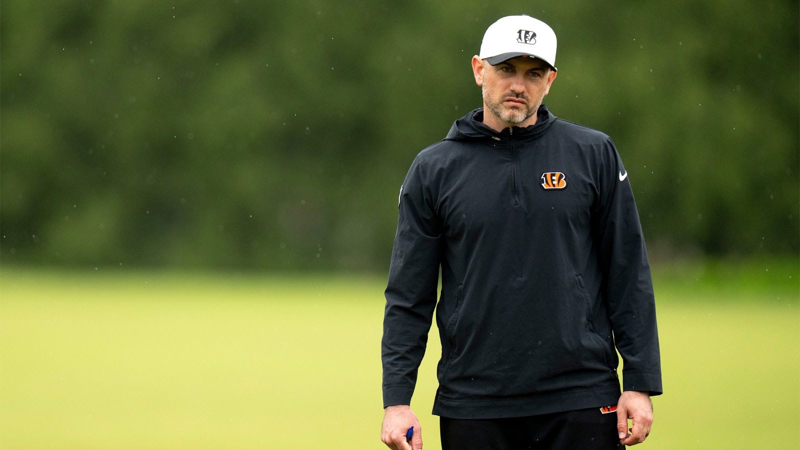 Cincinnati Bengals offensive coordinator Dan Pitcher looks on during the Cincinnati Bengals practice in Cincinnati on Tuesday, May 27, 2025.