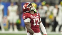 Indiana Hoosiers defensive lineman Daniel Ndukwe (17) celebrates after a sack of Oregon Ducks quarterback Dante Moore (not pictured) during the first half of the 2025 Peach Bowl and semifinal game of the College Football Playoff at Mercedes-Benz Stadium. Mandatory Credit: Dale Zanine-Imagn Images