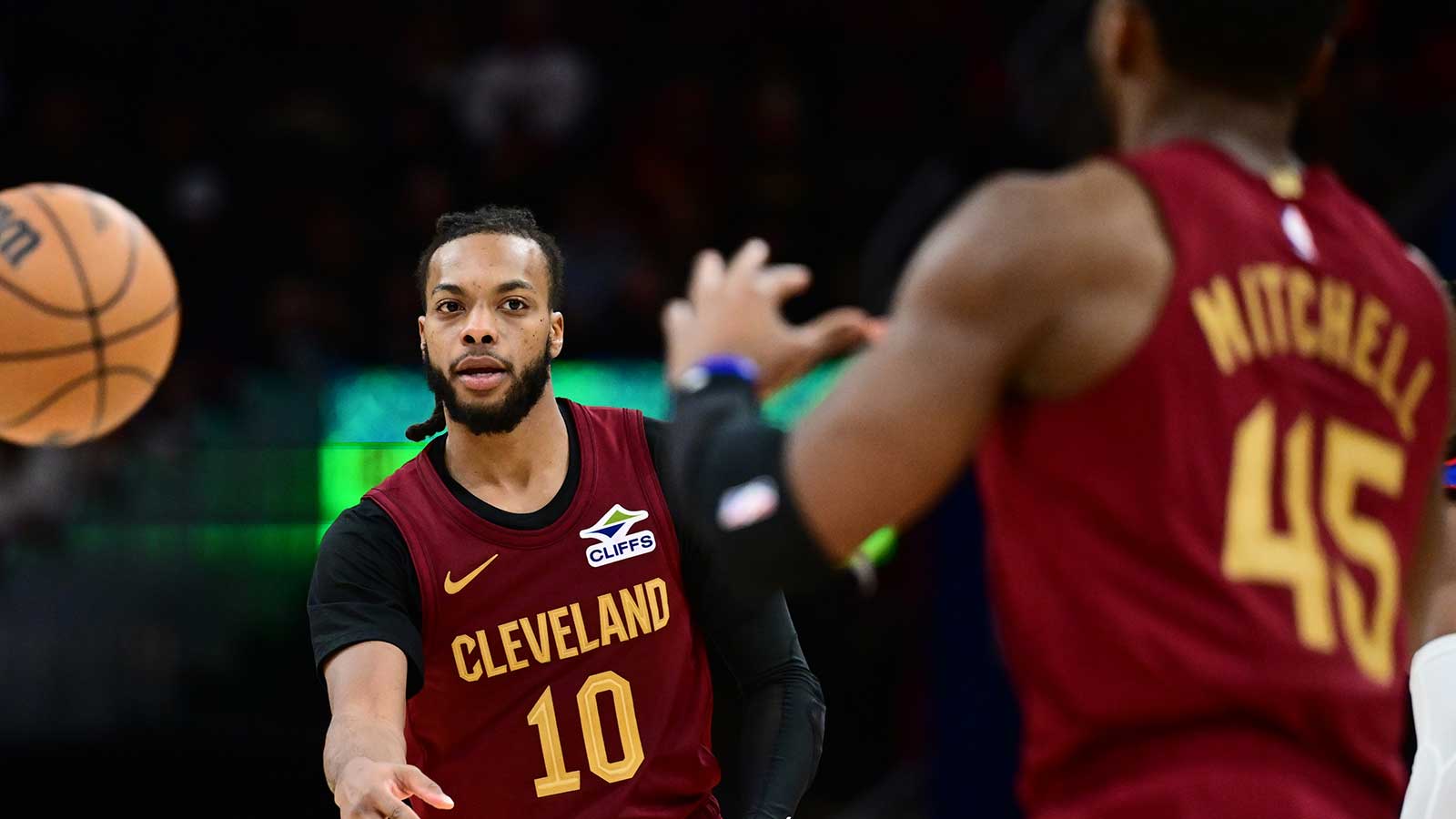 Cleveland Cavaliers guard Darius Garland (10) passes to guard Donovan Mitchell (45) during the second half against the Detroit Pistons at Rocket Arena.