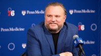 Dec 15, 2023; Philadelphia, Pennsylvania, USA; Philadelphia 76ers resident of Basketball Operations Daryl Morey speaks with the media before a game against the Detroit Pistons at Wells Fargo Center. Mandatory Credit: Bill Streicher-Imagn Images