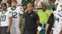 Baylor Bears head coach Dave Aranda looks on from the sidelines during the first half against the Utah Utes at McLane Stadium.