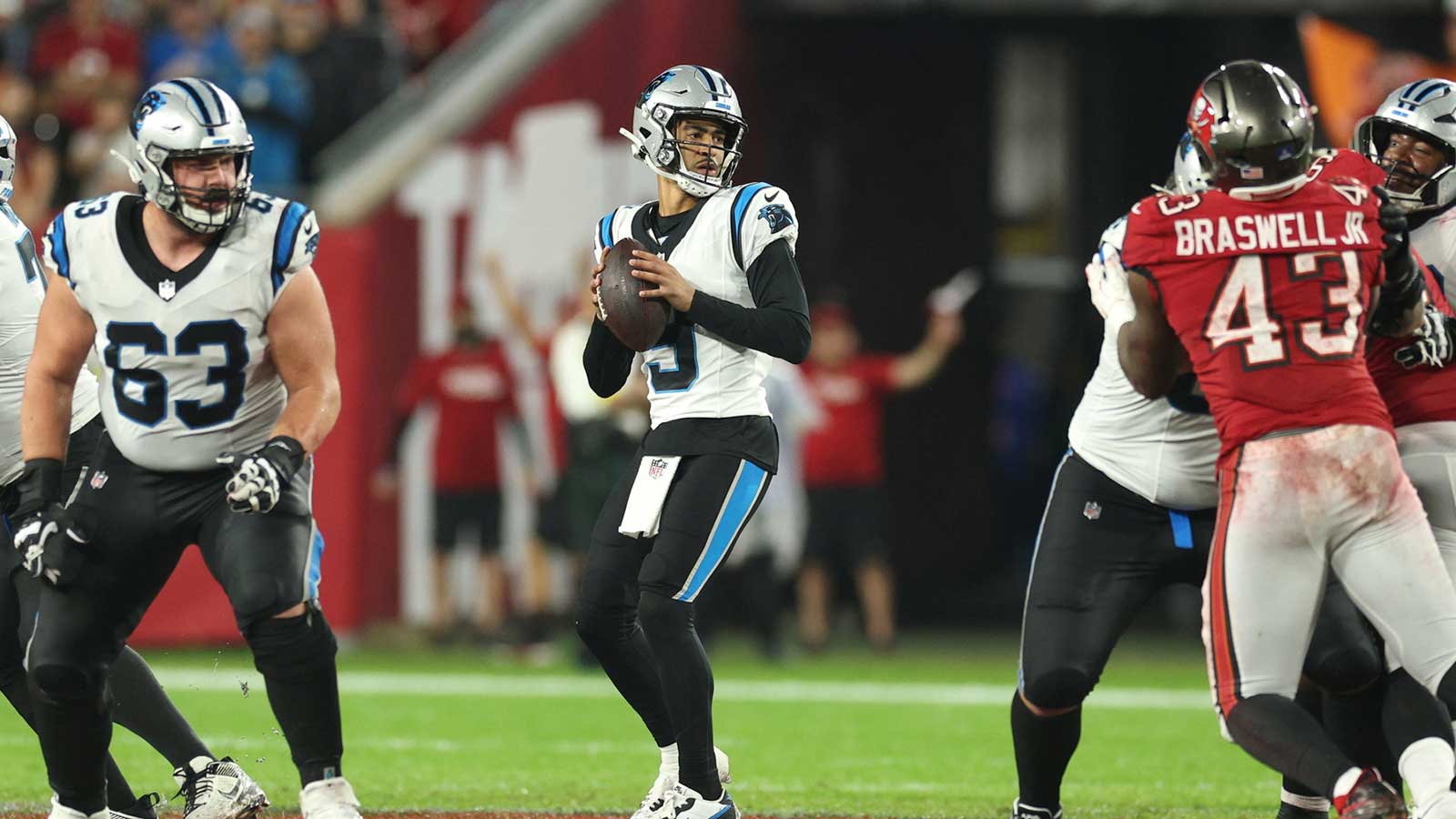 Carolina Panthers quarterback Bryce Young (9) looks to pass against the Tampa Bay Buccaneers in the second half at Raymond James Stadium.