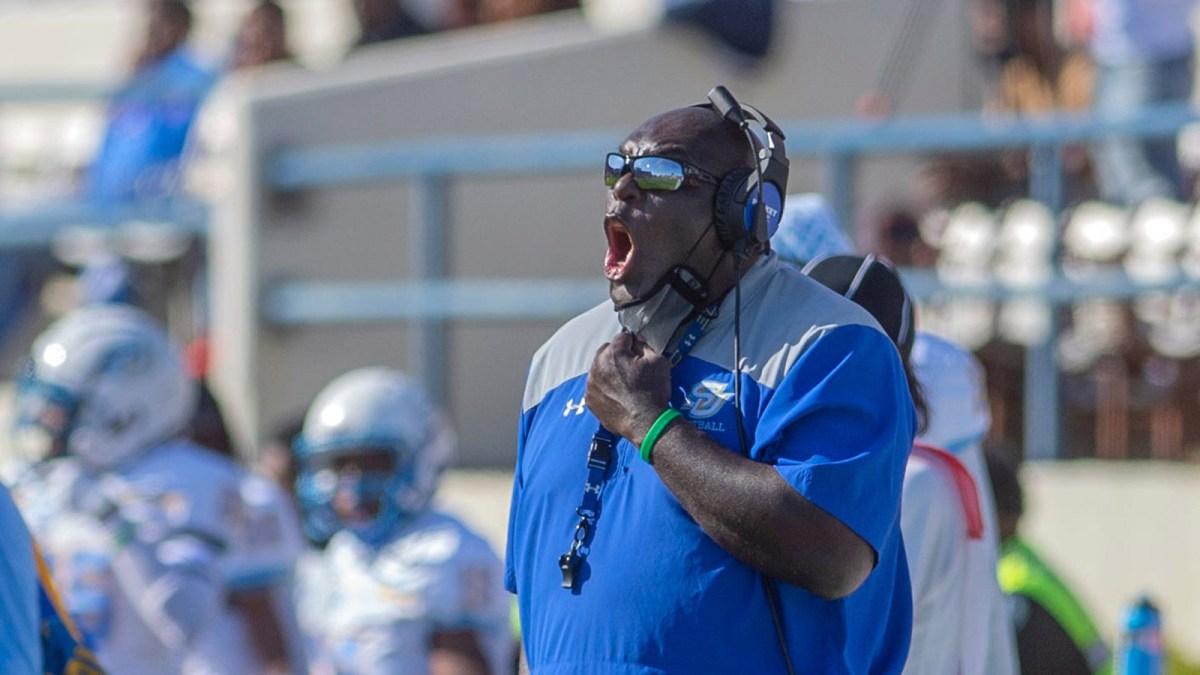 Southern University head coach Dawson Odums shouts directions to his team during play against longtime rival Jackson State University in a nonconference game at Veterans Memorial Stadium in Jackson, Miss., Saturday, April 3, 2021. Jackson State Southern University