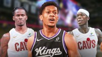 Kings' De'Andre Hunter next to Cavs' Keon Ellis and Dennis Schroder trade