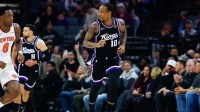 Sacramento Kings guard DeMar DeRozan (10) reacts after scoring a basket during the first quarter against the New York Knicks at Golden 1 Center.