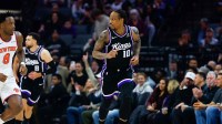 Sacramento Kings guard DeMar DeRozan (10) reacts after scoring a basket during the first quarter against the New York Knicks at Golden 1 Center.