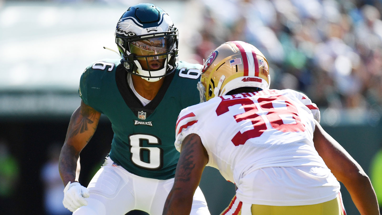 Philadelphia Eagles wide receiver DeVonta Smith (6) battles against San Francisco 49ers cornerback Deommodore Lenoir (38) at Lincoln Financial Field.