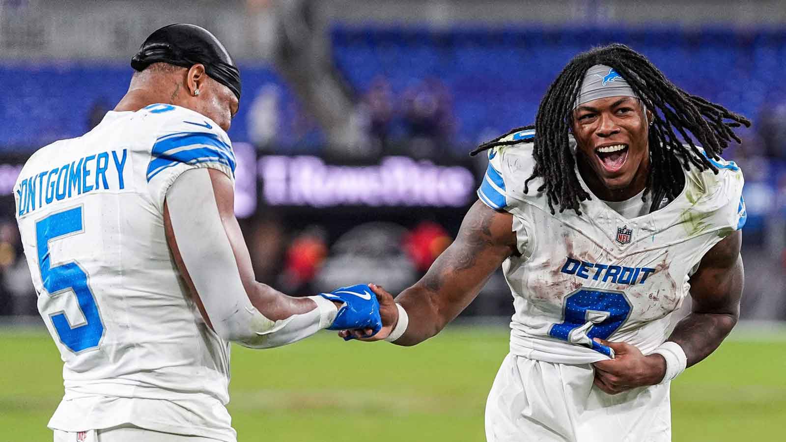 Detroit Lions running back David Montgomery (5), left, and running back Jahmyr Gibbs (0) celebrates 38-30 win over Baltimore Ravens at M&T Bank Stadium in Baltimore