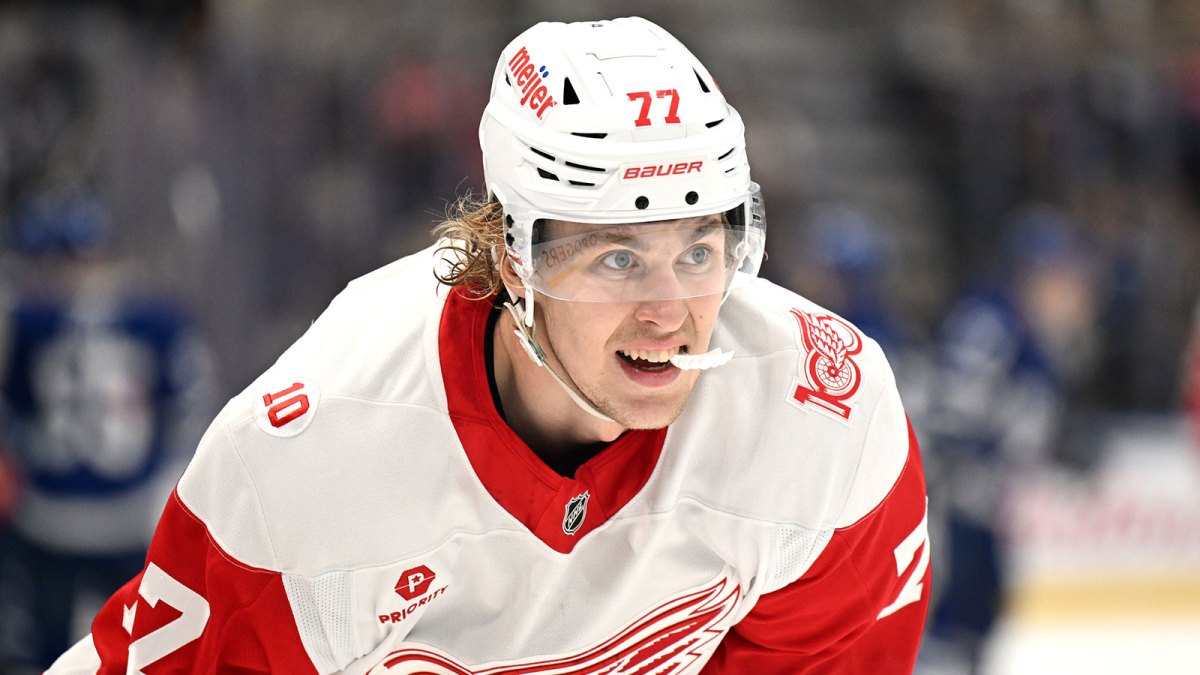 Detroit Red Wings defenseman Simon Edvinsson (77) waits for play to resume after a time out against the Toronto Maple Leafs in the third period at Scotiabank Arena.