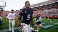 Auburn Tigers quarterback Deuce Knight (9) walks off the field after the game as Auburn Tigers take on Mercer Bears at Jordan-Hare Stadium in Auburn, Ala. on Saturday, Nov. 22, 2025. Auburn Tigers defeated the Mercer Bears 62-17.