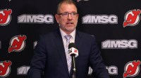 New Jersey Devils executive vice president/general managerTom Fitzgerald, addresses the media about the contract extension of New Jersey Devils center Jack Hughes (86) before the start of the game against the San Jose Sharks at Prudential Center.