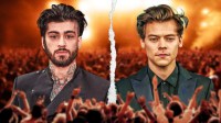 Former One Direction members Zayn Malik and Harry Styles — who is going on tour in 2026 — with page torn effect between them.