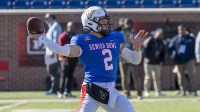 National Team quarterback Diego Pavia (2) of Vanderbilt throws during National Senior Bowl practice at Hancock Whitney Stadium.