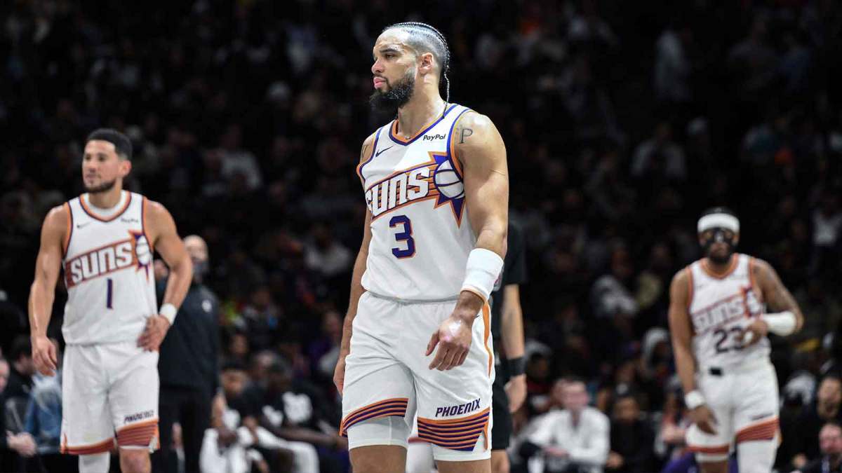 Phoenix Suns guard/forward Dillon Brooks (3) looks on against the Brooklyn Nets during the first half at Barclays Center.