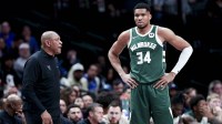 Milwaukee Bucks head coach Doc Rivers speaks to Milwaukee Bucks forward Giannis Antetokounmpo (34) during the second half against the Dallas Mavericks at American Airlines Center. Mandatory Credit: Kevin Jairaj-Imagn Images