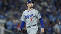 Los Angeles Dodgers pitcher Blake Snell (7) walks back to the dugout after th eighth inning against the Toronto Blue Jays during game seven of the 2025 MLB World Series at Rogers Centre.