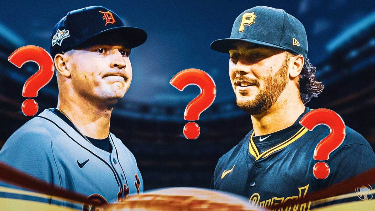 Tigers Tarik Skubal and Pirates Paul Skenes both pitching baseballs. Place question marks everywhere.