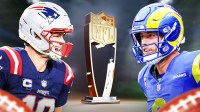 Rams QB Matthew Stafford and Patriots QB Drake Maye, facing each other, with NFL MVP trophy in between them