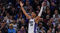 acramento Kings center Dylan Cardwell (32) celebrates after drawing a foul against the Toronto Raptors during the third quarter at Golden 1 Center.