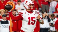 Nebraska Cornhuskers quarterback Dylan Raiola (15) passes against the Cincinnati Bearcats during the first quarter at GEHA Field at Arrowhead Stadium.