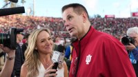 ESPN reporter Kris Budden interviews Indiana Hoosiers head coach Curt Cignetti after the 2026 Rose Bowl and quarterfinal game of the College Football Playoff at Rose Bowl Stadium.