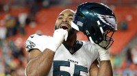 Philadelphia Eagles defensive end Brandon Graham (55) celebrates after defeating the Washington Commanders at Northwest Stadium.