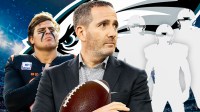 GM Howie Roseman in the middle, Trey Hendrickson, and three mystery players all around him, Philadelphia Eagles wallpaper in the background