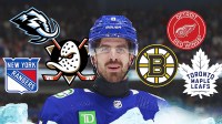 Conor Garland surrounded by Ducks, Red Wings, Mammoth, Rangers, Bruins, Maple Leafs logos