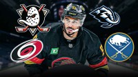 Evander Kane surrounded by Hurricanes, Sabres, Ducks, Mammoth logos