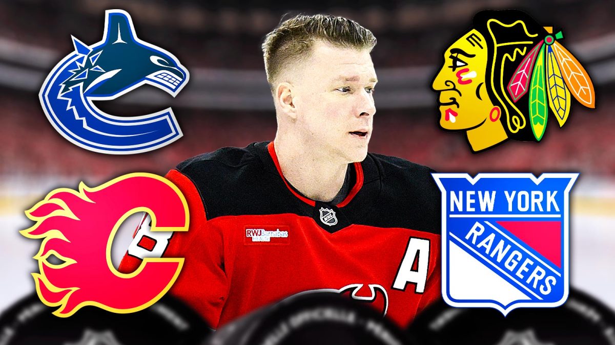Ondrej Palat surrounded by Vancouver Canucks, Calgary Flames, Chicago Blackhawks, and New York Rangers logos