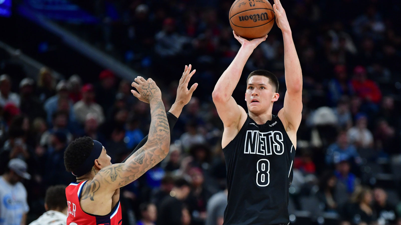 Brooklyn Nets guard Egor Demin (8) shoots against Los Angeles Clippers guard Jordan Miller (22) during the second half at Intuit Dome.