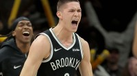 Brooklyn Nets guard Egor Demin (8) celebrates his three point shot against the Orlando Magic to send the game to overtime during the fourth quarter at Barclays Center.