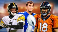 Former NFL quarterbacks Pittsburgh Steelers' Ben Roethlisberger, New York Giants' Eli Manning, and Peyton Manning on the Denver Broncos with Super Bowl Lombardi Trophy.