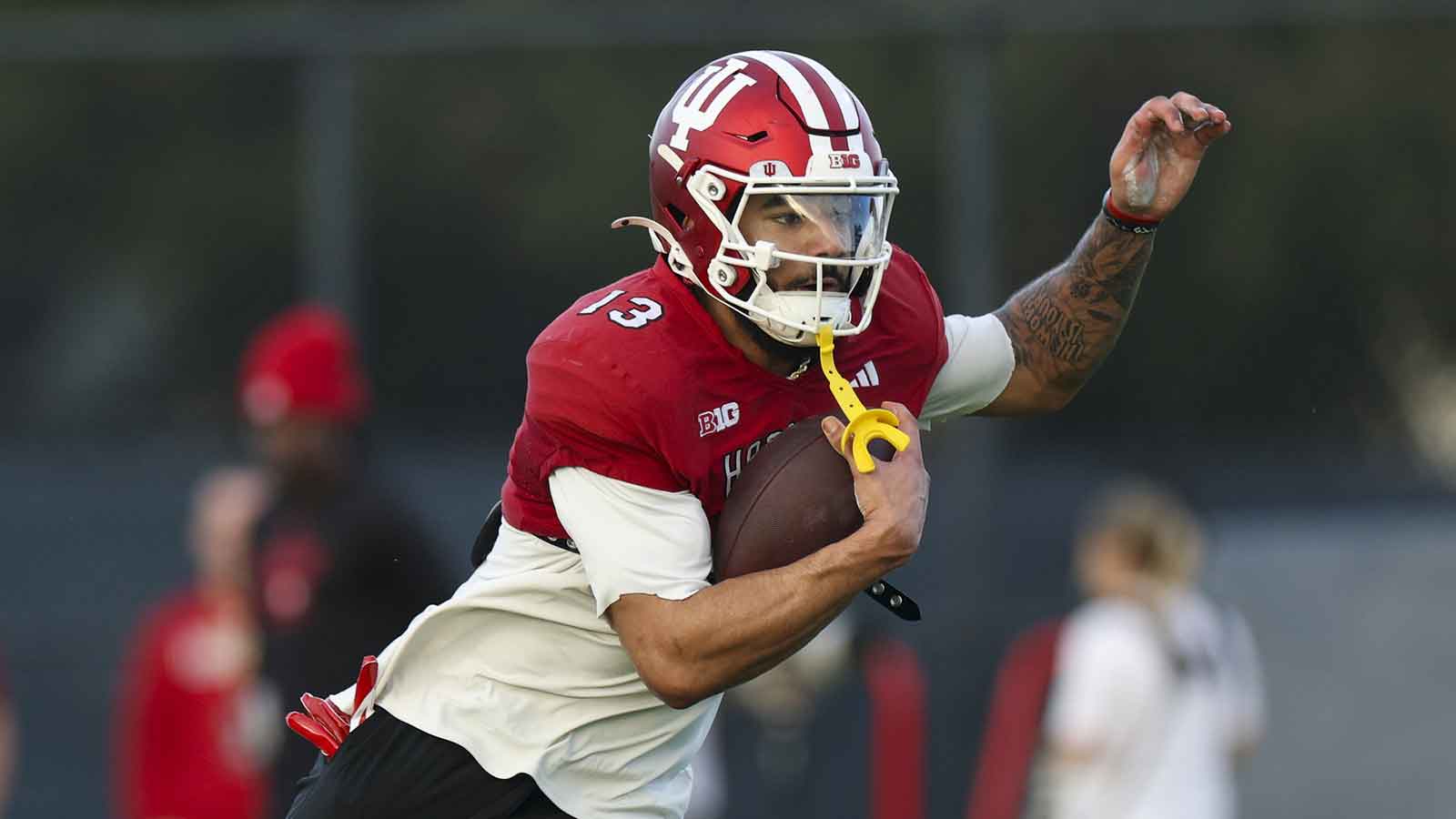 Indiana Hoosiers wide receiver Elijah Sarratt (13) participates in a practice for the College Football Playoff National Championship game against the Miami Hurricanes.