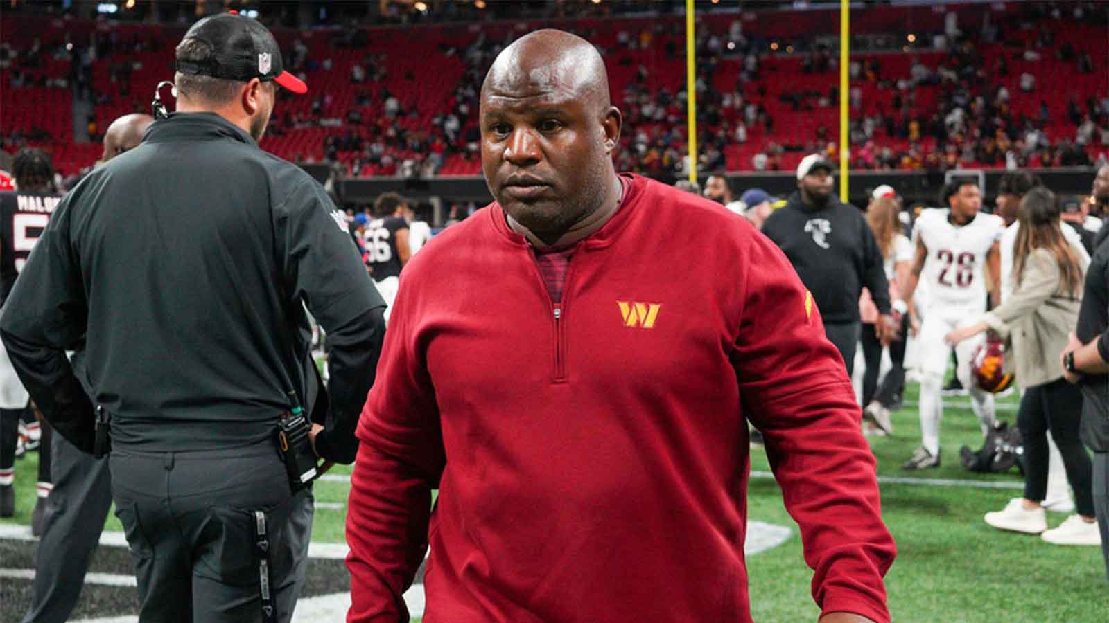 Washington Commanders offensive coordinator Eric Bieniemy after a game against the Atlanta Falcons at Mercedes-Benz Stadium.