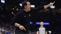 Miami Heat Head Coach Erik Spoelstra gestures to his team during a play against the Oklahoma City Thunder during the second half at Paycom Center.