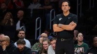 Miami Heat head coach Erik Spoelstra looks on against the Phoenix Suns during the second quarter at Kaseya Center.