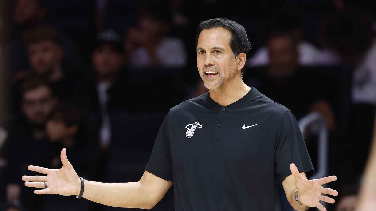 Miami Heat head coach Erik Spoelstra reacts against the Boston Celtics during the second half at Kaseya Center. 