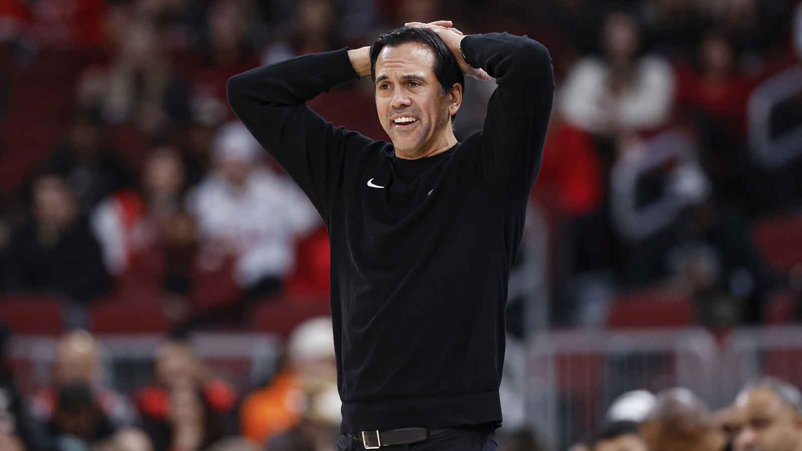 Miami Heat head coach Erik Spoelstra reacts during the first half at United Center.