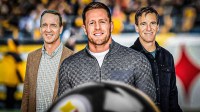 JJ Watt in between ManningCast hosts Peyton and Eli Manning.