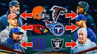 Giants logo pointing to Brian Daboll, Cardinals logo pointing to Jonathan Gannon, Browns logo pointing to Kevin Stefanski, Raiders logo pointing to Pete Carroll, Titans logo pointing to Brian Callahan, and Falcons logo pointing to Raheem Morris.