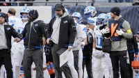 Detroit Lions head coach Dan Campbell looks on against the Chicago Bears during the first half at Soldier Field.